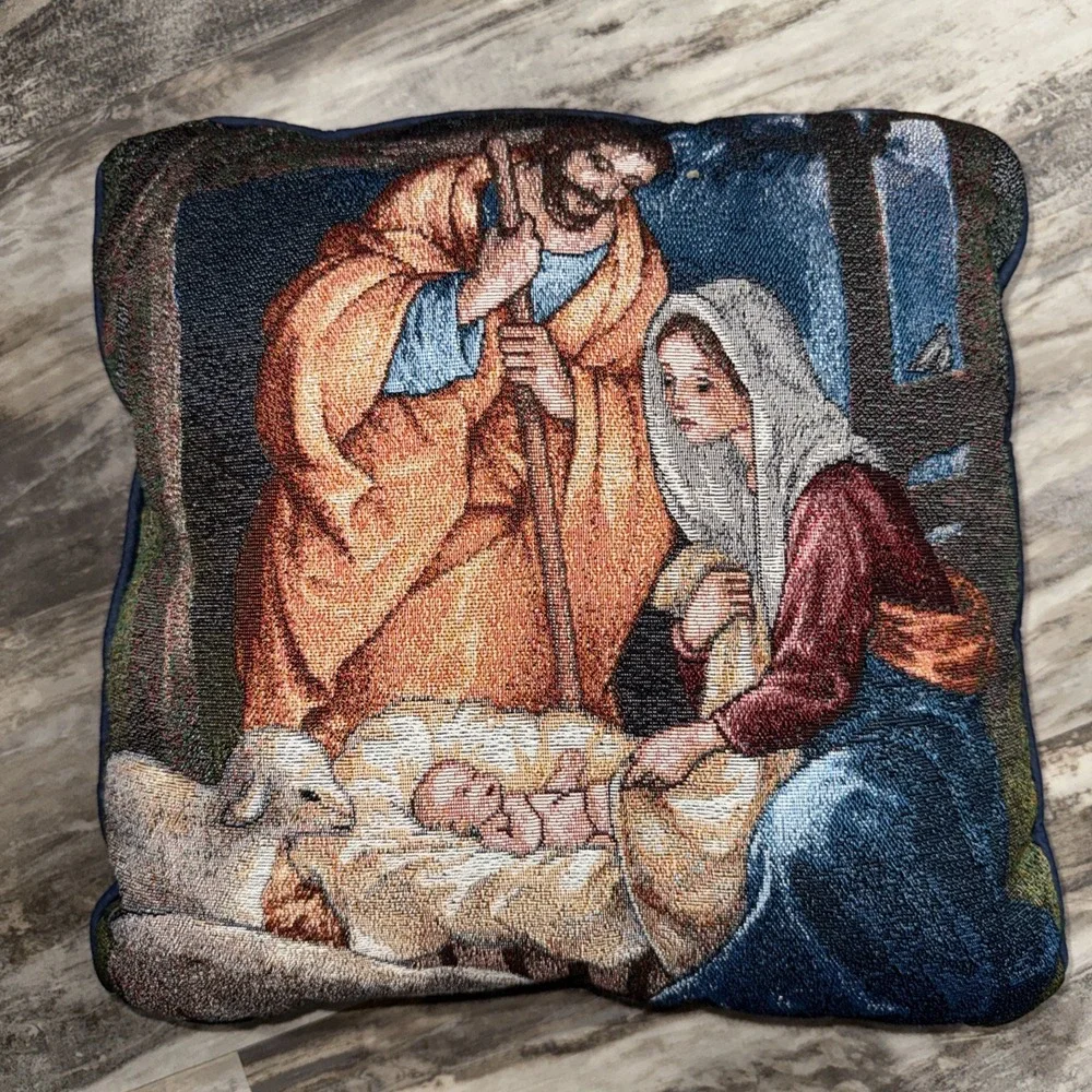 Vintage Nativity Christmas Tapestry Accent Pillow 16x15 Mary Joseph Jesus Read